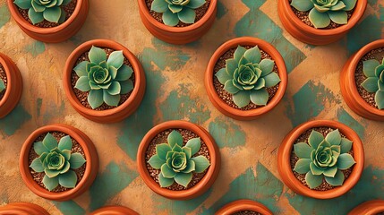 Fototapeta premium Geometric succulent garden blueprint aerial symmetry terracotta pots minimalist desert architecture