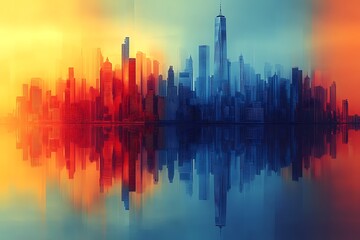 Fototapeta premium Abstract Cityscape Painting with Building Reflections in Warm and Cool Tones