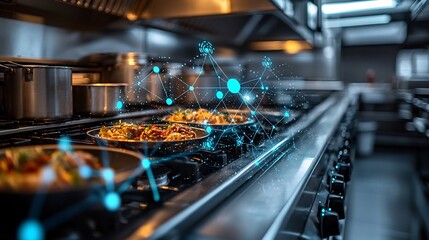 Smart kitchen technology, food preparation, digital network overlay on restaurant cooking range with pans of food.