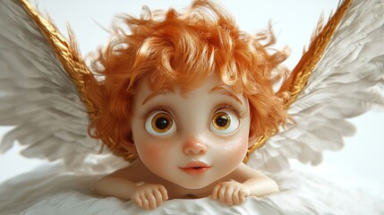 A playful 3D caricature of an angel with exaggerated features and a halo, surrounded by soft, fluffy wings, against a white backdrop