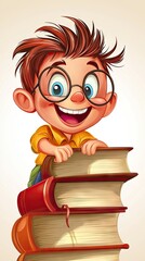 Happy boy reading books; education, learning, childhood