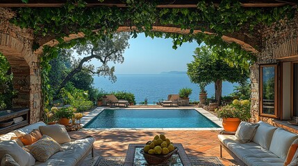 Seaside Haven: Serene view from an outdoor living space featuring a swimming pool, capturing the essence of a luxurious getaway with a backdrop of the vast ocean.