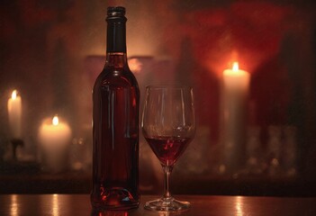 A Bottle of Red Wine on a Table in a Dimly Lit Restaurant or Bar
