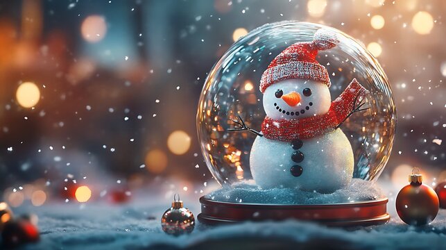 Festive snow globe featuring a cheerful snowman wearing a red knitted hat and scarf, surrounded by falling snowflakes and warm holiday lights