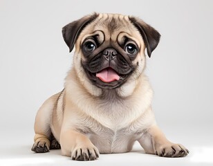 Obraz premium Adorable Happy Pug Puppy Sitting and Smiling Isolated on White Transparent Background