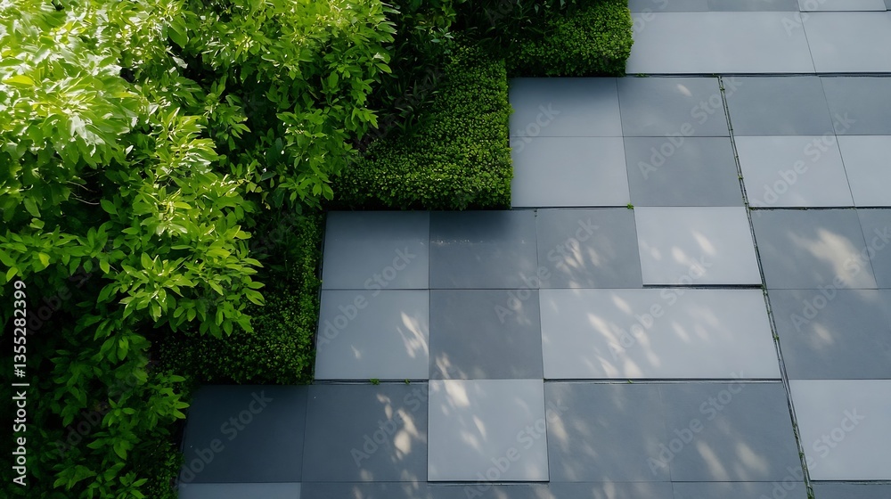 Aufkleber An aerial view of a modern paved pathway surrounded by lush green foliage and shadows : Generative AI