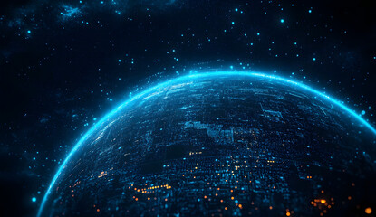 Modern illustration of a futuristic blue earth with digital transformation and abstract technology background, incorporating stock and big data