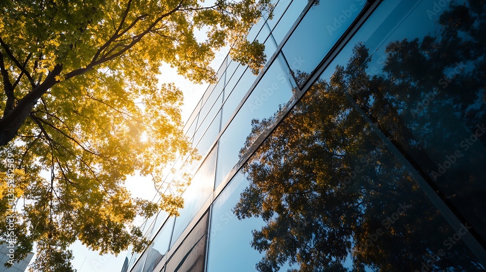 Poster modern building reflecting bright sunlight through glass windows and leafy tree branches : generativ