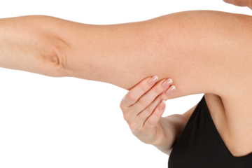 Close-up of woman pinching the fat on her arm