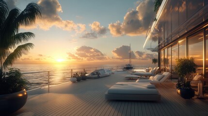 Luxury Yacht Sunset Paradise: Tranquil Ocean Views from a Modern Deck