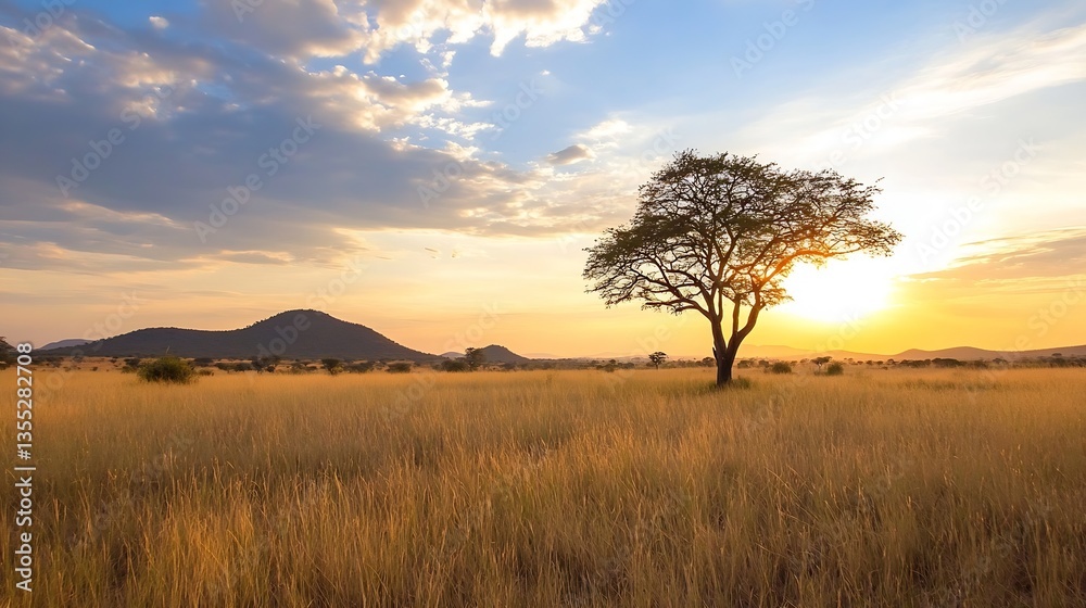 Poster stunning sunset over a serene landscape with a lone tree in the field : generative ai