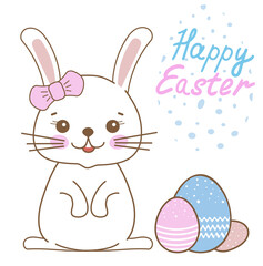 Cute easter bunny with bow and colorful eggs illustration