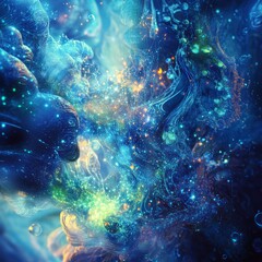 abstract underwater world with glowing coral-like structures, vibrant blues and greens, and dynamic light effects, ethereal and calming scene