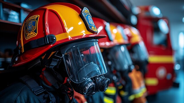 Heroic Gear: A captivating close-up offers a glimpse into the world of emergency responders, showcasing rows of fire helmets and essential equipment, ready to face any challenge.