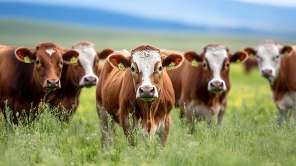 Group of Brown Cows Grazing in a Green Field Under a Clear Blue Sky : Generative AI