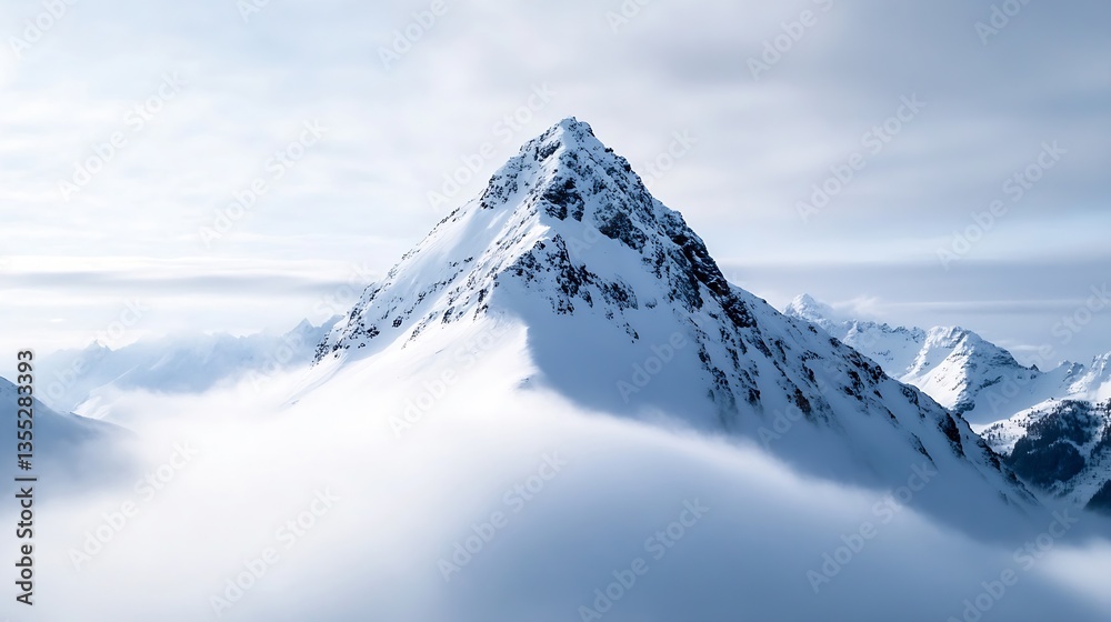 Poster majestic view of a snow covered mountain peak rising above the clouds against a backdrop of pale blu