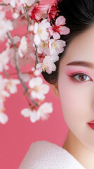 Naklejka premium Geisha elegance portrait with cherry blossom for cultural appreciation and decor