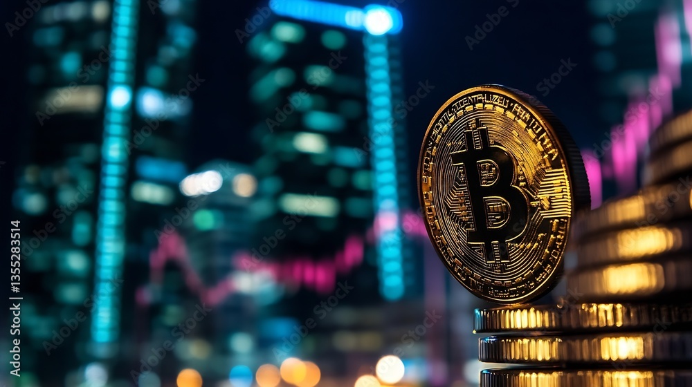 Aufkleber shiny bitcoin coin prominently positioned against a digital cityscape at night : generative ai