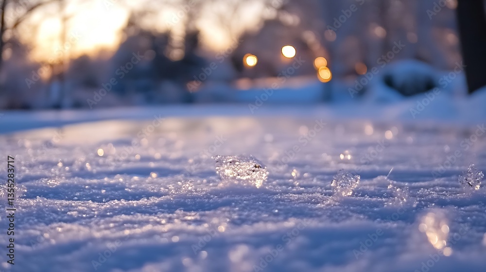 Poster Glistening Snow and Ice Formations on a Surface with Faint Warm Light from Background : Generative AI