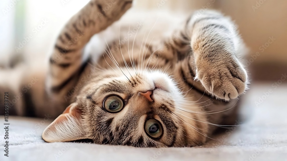 Poster adorable playful tabby cat rolling on its back showcasing its fluffy belly and curious green eyes : 