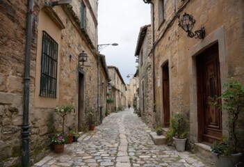 A narrow street with stone houses and a cobblestone road