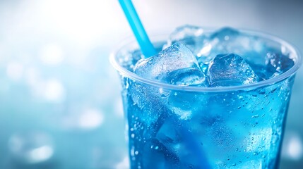 Refreshing blue cocktail with ice cubes and a straw in a clear glass, illuminated by bright lighting, creating a cool and vibrant drink presentation