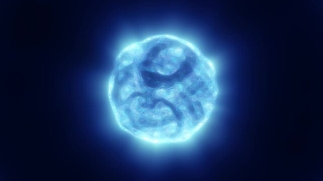 A glowing blue sphere with fluid textures, appearing as an abstract cosmic orbi in deep space background, video in high quality 4k, motion design