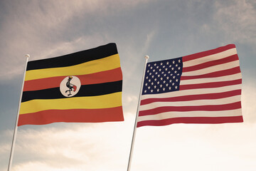 Relations between the countries of the United States of America USA and UGANDA represented by the concept of two flags waving against a cloudy sky.3d render.