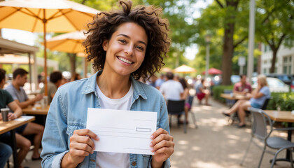 Smiling woman holding first summer paycheck outdoors in a caf&eacute;  