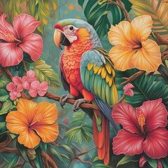 Fototapeta premium A cheerful parrot perched on a branch, surrounded by exotic tropical flowers