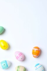 Happy Easter. Colorful eggs on white background, space for text or advertising