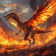 Fiery winged dinosaur soaring over volcanic landscape
