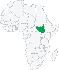 Detailed national location map of SOUTH SUDAN within the great continent of Africa