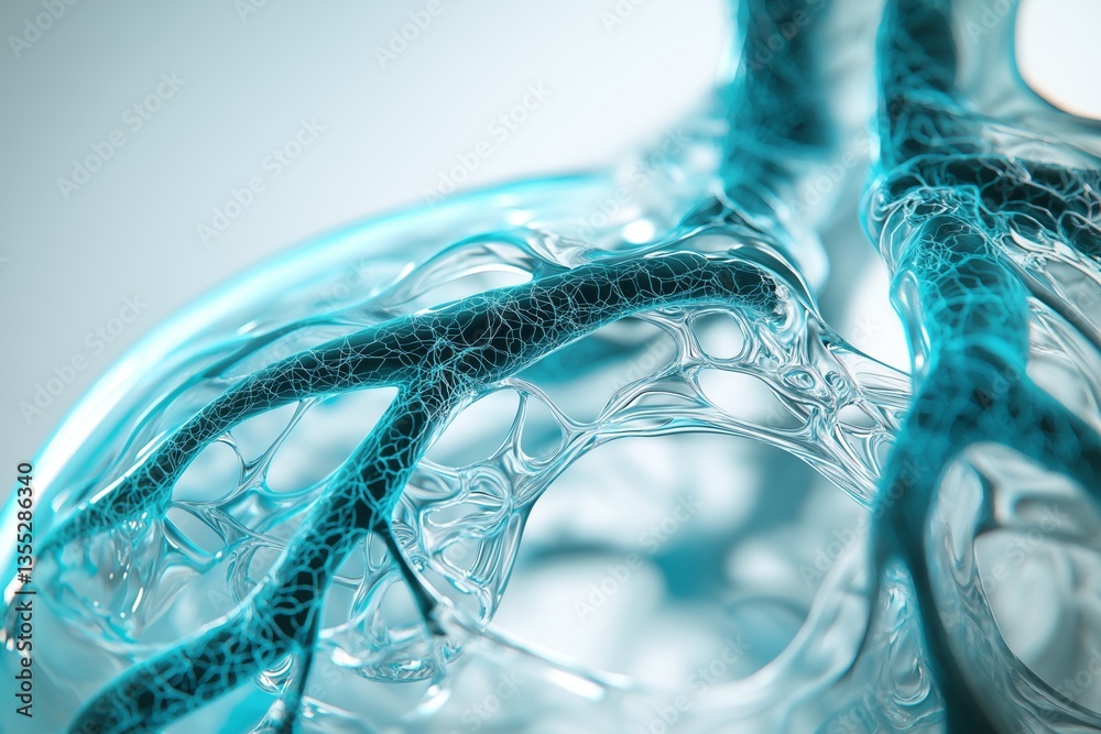 Poster Abstract biological neural network structure with transparent blue mesh representing complex scientific systems, data flow, and futuristic organic connectivity, Generative AI