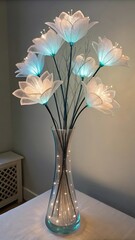 "An otherworldly bouquet of luminescent textile flowers, delicately arranged in a futuristic glass vase, glowing softly against a minimal backdrop."