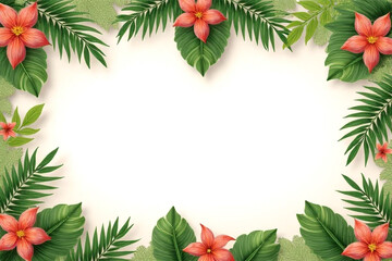 Lush tropical blossoms frame a vibrant summer invitation with soft, creamy background and realistic leaf details.