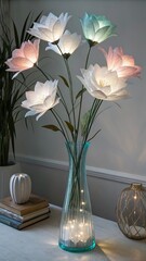 "An otherworldly bouquet of luminescent textile flowers, delicately arranged in a futuristic glass vase, glowing softly against a minimal backdrop."
