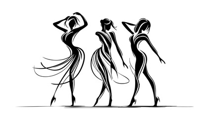 Stylish silhouettes of women posing in elegant dresses  