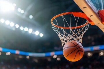 Fototapeta premium Basketball in motion near the hoop with lights above