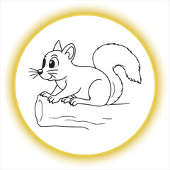 Squirrel Line Art Drawing for Coloring Book,Cute Squirrel Outline Vector Illustration,Cartoon Squirrel Sitting on Branch Line Drawing,Hand Drawn Squirrel Black and White Sketch