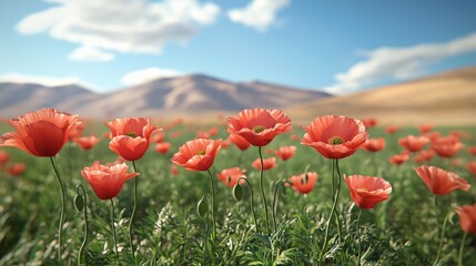 Naklejka premium Beautiful red poppy field blooming under a blue sky with distant mountain range creating a peaceful natural landscape and serene outdoor scene, Generative AI