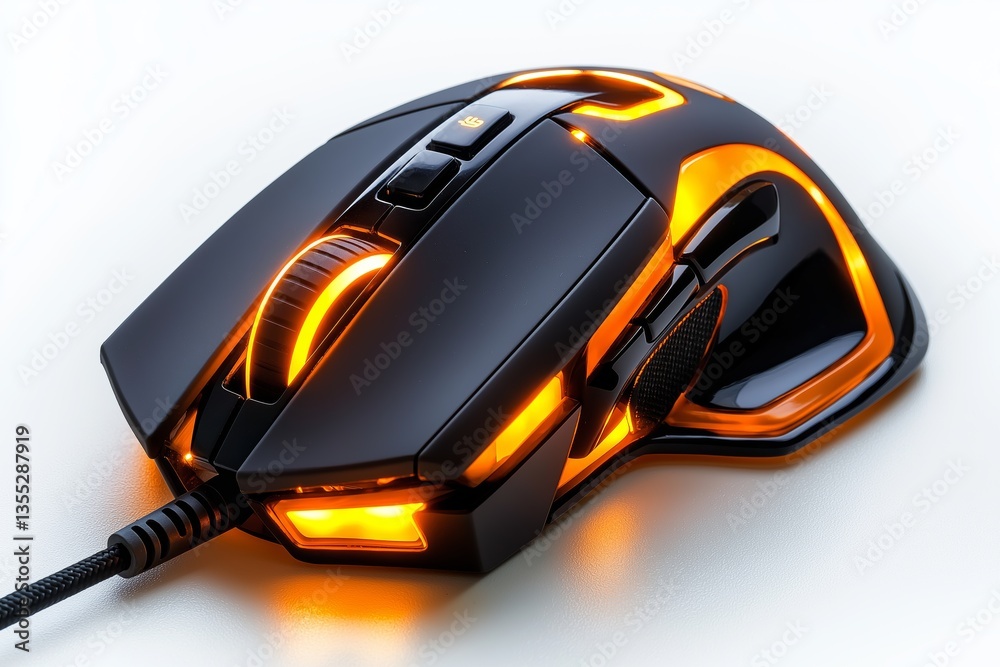 Aufkleber Futuristic wired gaming mouse with sleek ergonomic design and glowing blue LED lights for high-performance PC gaming and advanced functionality, Generative AI