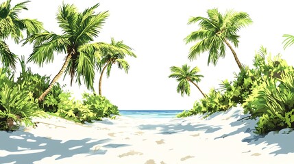 A Serene Tropical Beach with White Powdery Sand, Crystal-Clear Shallow Waters, and Lush Palm Trees Swaying Gently Under a Brilliant Blue Sky