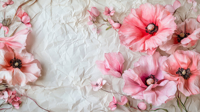 Hand painted poppies with soft blush petals on wrinkled parchment paper background, perfect for romantic stationery, floral packaging, feminine poster art, springtime marketing, rustic branding