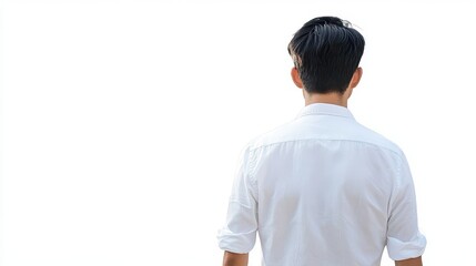 Fototapeta premium Man in White Shirt Looking Forward on White Background.