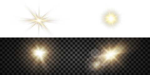 Vector transparent sunlight with sun glare. Overlay, Sun rays and glare, Sun, sunrays, light transitions, lens flare, light leaks and glare in PNG format. PNG sunlight flare. Golden flash and glare.