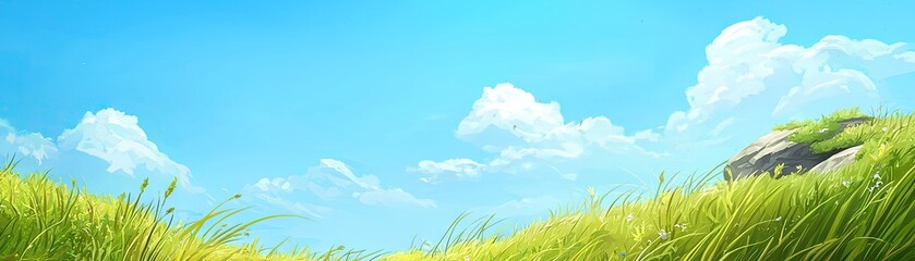 Fototapeta premium Sunny meadow, blue sky, fluffy clouds. Peaceful nature scene, idyllic landscape