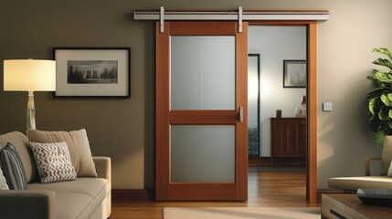 An elegant wooden interior door with frosted glass panels, placed in a modern living room with neutral-toned furniture and soft lighting creating a cozy atmosphere.