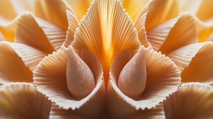 An ultra-HD close-up of uncooked conchiglie pasta shells arranged symmetrically.