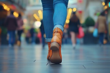 Fototapeta premium A person walking in a busy metropolis, with casual pants and footwear in an outdoor environment